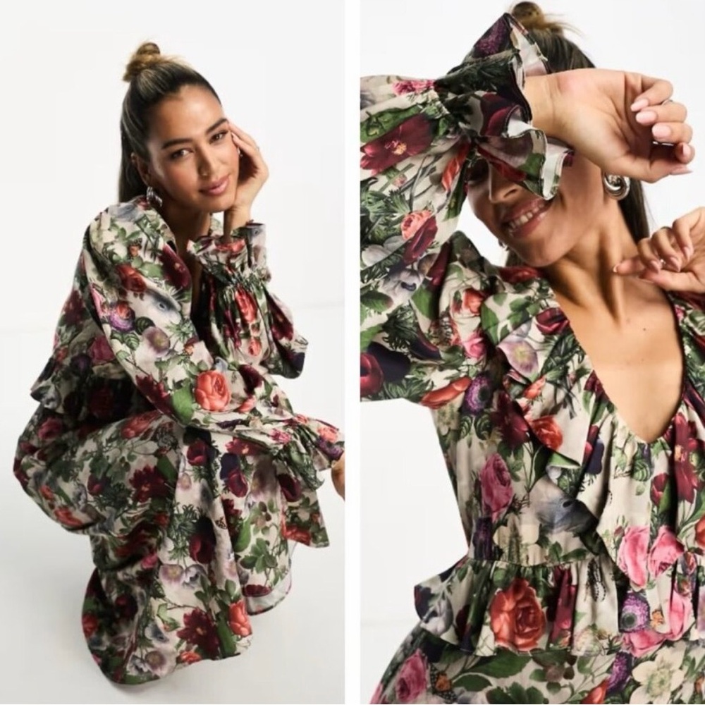 & Other Stories V-Neck Frill Midi Dress in Vintage Floral Print U.S. Size 0